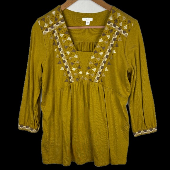 J Jill Women ¾ Sleeve Embroidered Cotton Tunic Blouse Sz S Mustard Boho Comfort - Picture 1 of 10